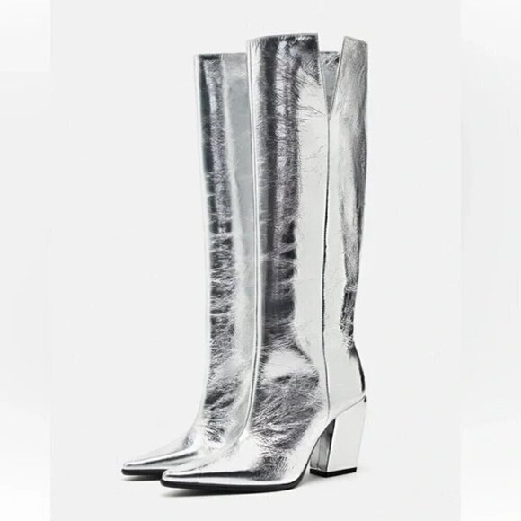 Zara Shoes - ZARA 100% LEATHER METALLIC HEELED KNEE HIGH BOOTS